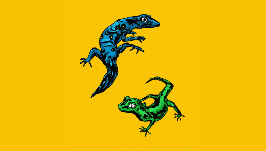 blue and green lizards artwork with yellow background